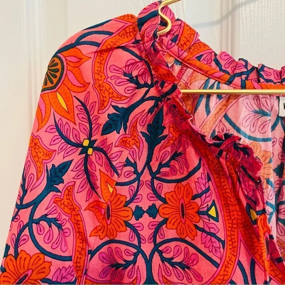 KING + PITT Pink Orange Floral Boho Tiered Dress Size Large - Picture 6 of 14